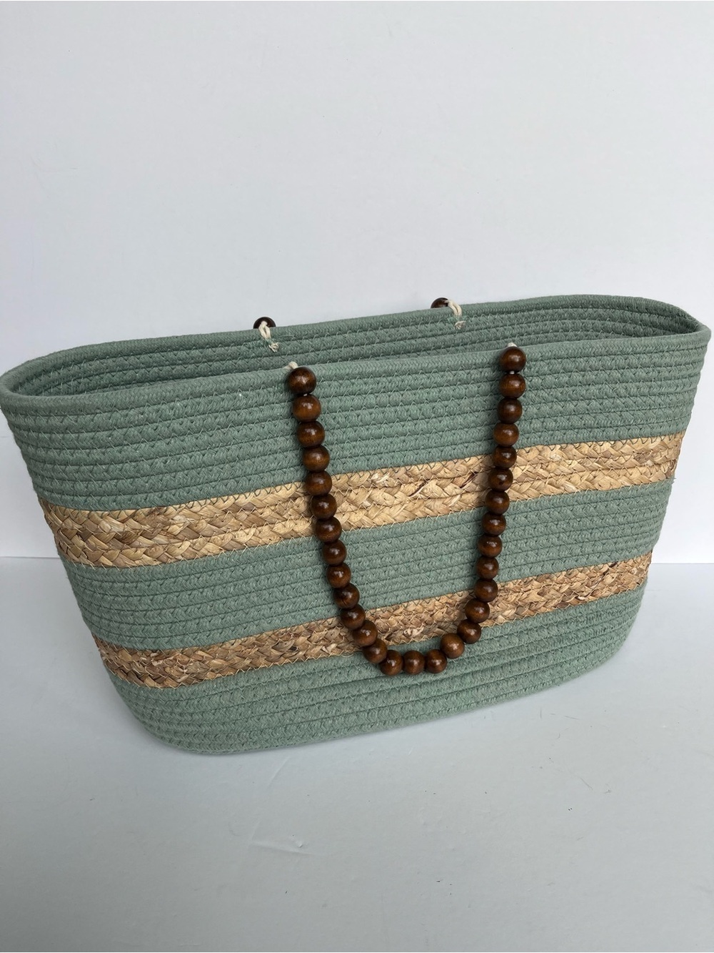 Woven Straw Blue Tote Bag Wood Beaded Handles